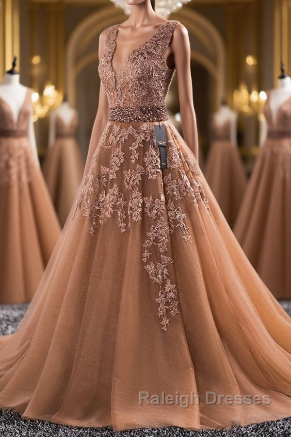 Gorgeous V Neck Champagne Lace Long Prom Dresses Champagne Lace Prom G