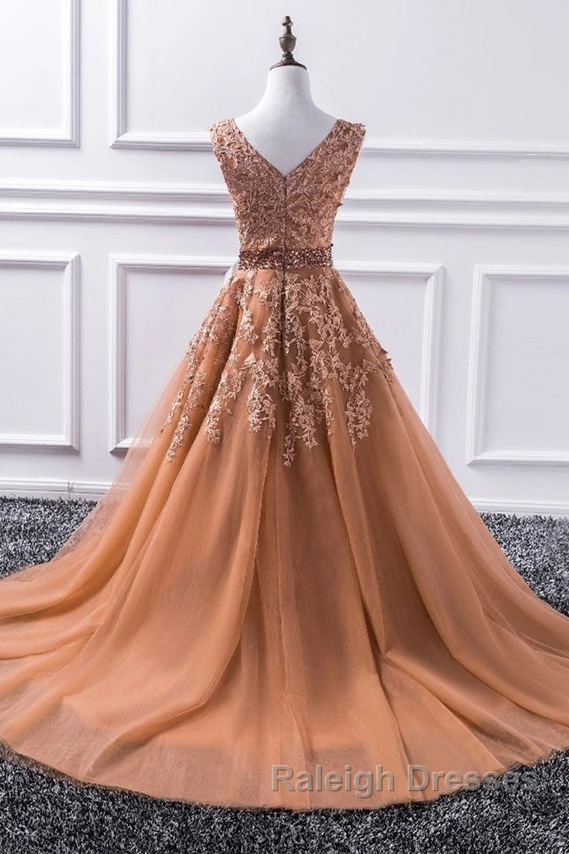 Gorgeous V Neck Champagne Lace Long Prom Dress, Champagne Lace Formal Graduation Evening Dress Secondary image