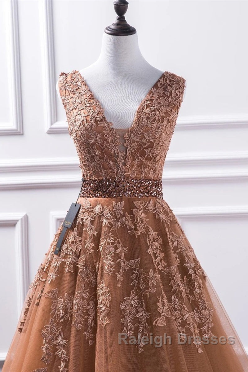 Gorgeous V Neck Champagne Lace Long Prom Dresses Champagne Lace Prom Graduation Prom Dresses