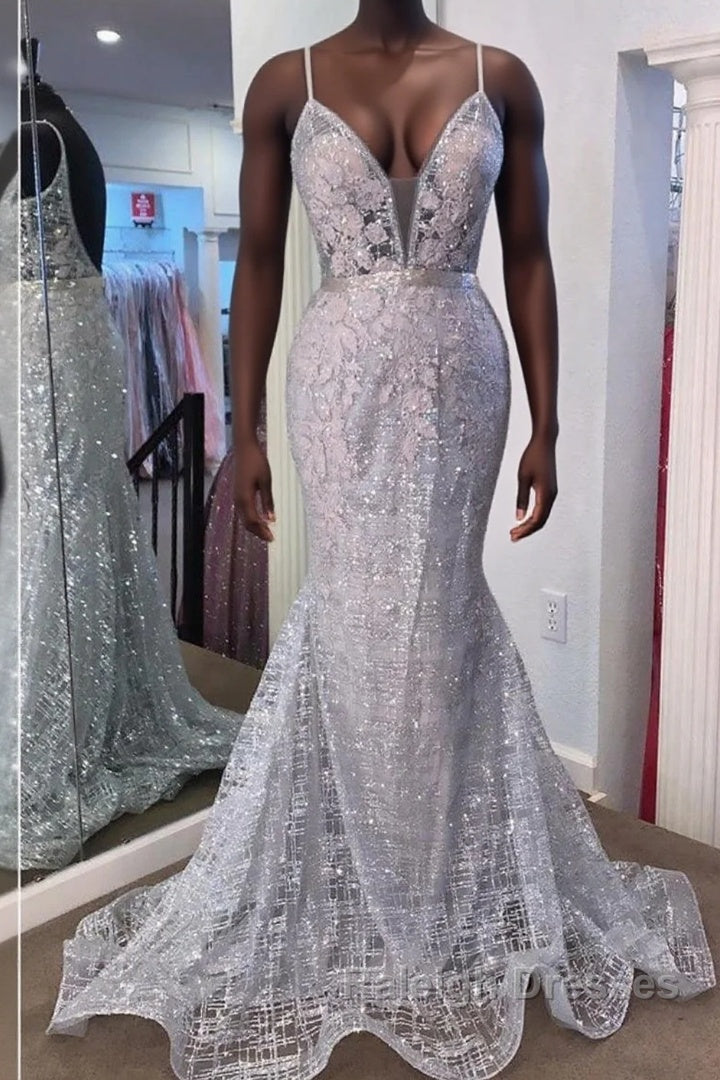 Gorgeous V Neck Mermaid Backless Silver Gray Prom Dress, Mermaid Silver Gray Formal Dress, Backless Silver Gray Evening Dress