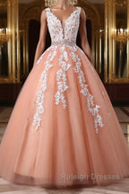 Gorgeous V Neck Open Back Coral Lace Floral Long Prom Dress, Coral Lace Formal Dress, Coral Evening Dress with Appliques