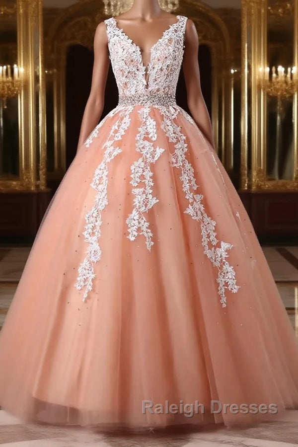 Gorgeous V Neck Open Back Coral Lace Floral Long Prom Dresses Coral Lace Prom Dresses Coral Prom Dresses with Appliques Main image