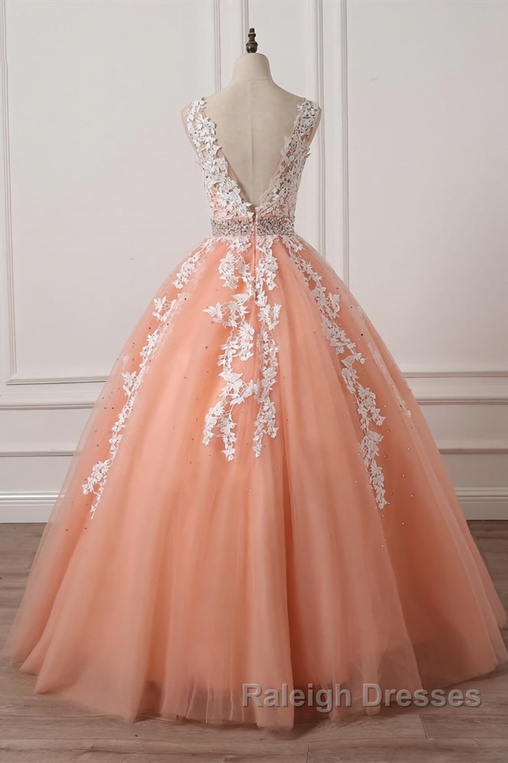 Gorgeous V Neck Open Back Coral Lace Floral Long Prom Dresses Coral Lace Prom Dresses Coral Prom Dresses with Appliques Secondary image