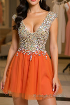 Gorgeous V Neck Open Back Orange Short Prom Homecoming Dresses, Short Orange Formal Evening Dresses