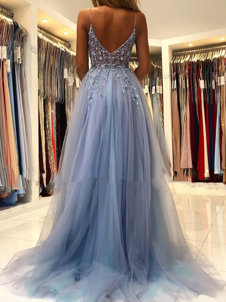 Gorgeous V Neck Open Back Smoky Gray Beaded Long Prom Dresses, High Slit Smoky Grey Long Formal Evening Dresses