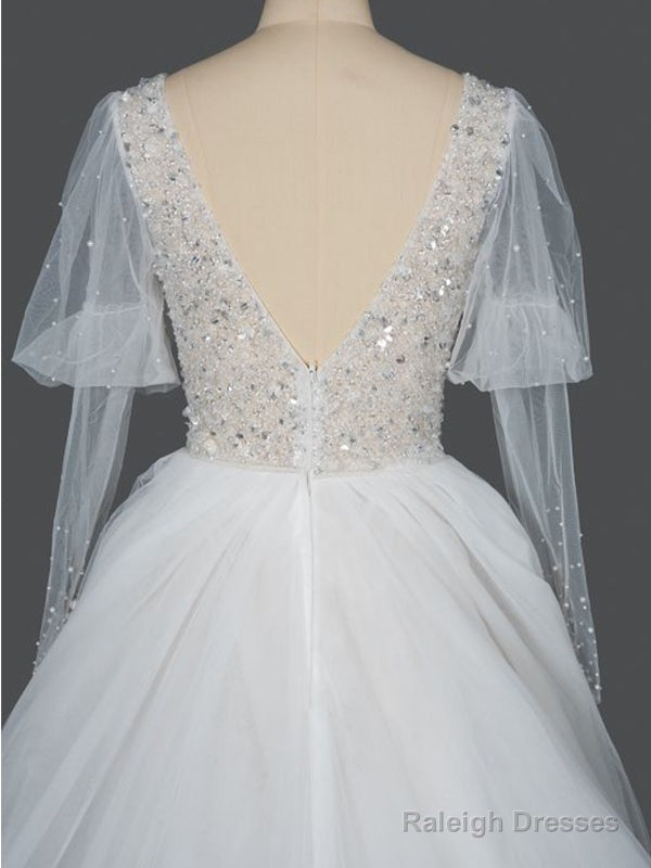 Gorgeous V-Neck Shinny Sequins A-Line Wedding Dresses Sheer Sleeves