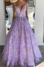 Gorgeous V Neck Thin Straps Purple Long Prom Dress, V Neck Purple Formal Evening Dress, Purple Ball Gown