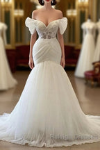 Gorgeous White Long Mermaid Off the Shoulder Tulle Wedding Dress