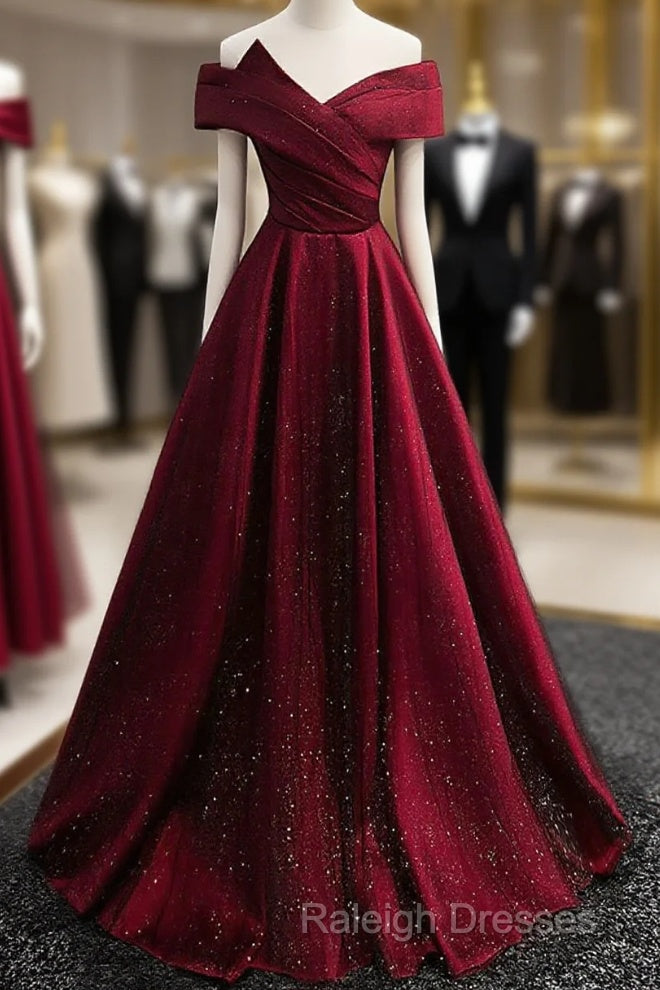 Gorgeous Wine Red Satin Off Shoulder Party Dress , Beautiful Wine Red Prom Dresses