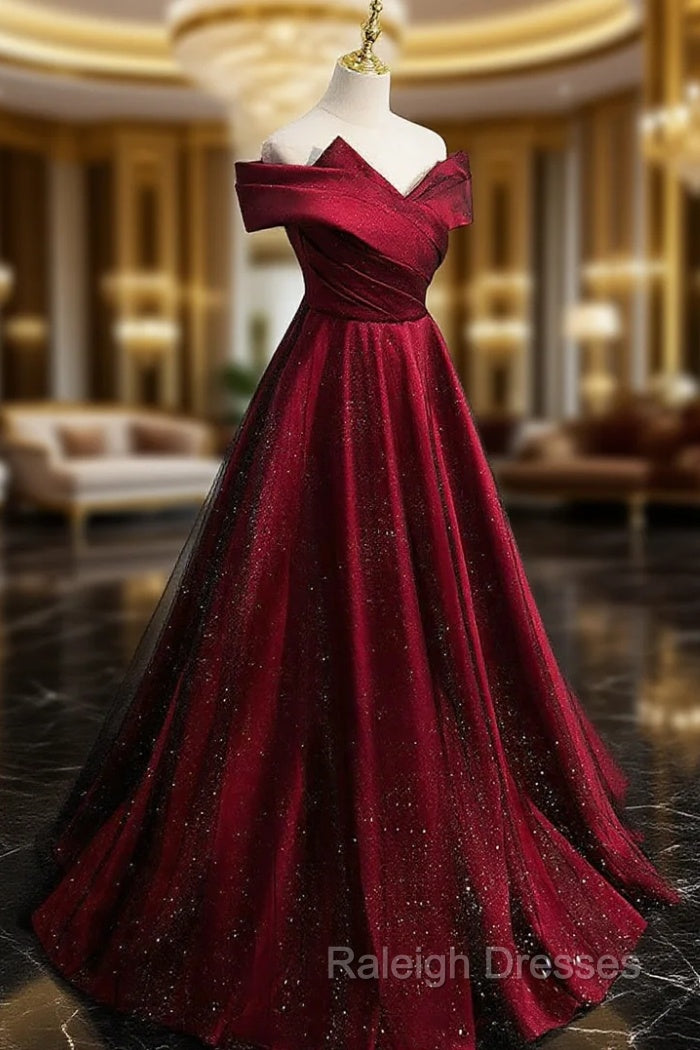 Gorgeous Wine Red Satin Off Shoulder Party Dress , Wine Red Prom Dresses Main image