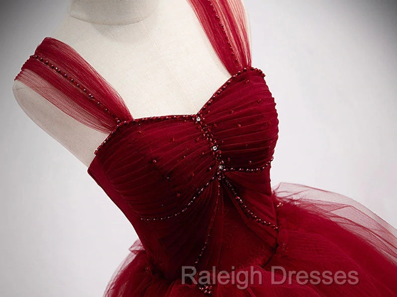 Gorgeous Wine Red Tulle Ball Gown Long Prom Dress Formal Dress, Burgundy Sweet 16 Dresses Secondary image