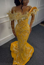 Gorgeous Yellow Beaded Mermaid Prom Dresses Long Prom Dresses