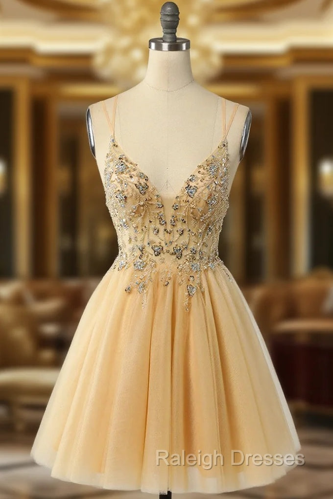 Gorgeous Yellow Homecoming Dresses A Line Spaghetti Straps Short Prom Dresses with Beading Main image