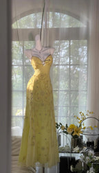 Gorgeous Butter Yellow Spaghetti Straps A-Line Tulle Beaded Prom Dress Long Backless Prom Gown