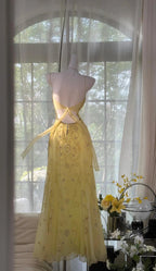 Gorgeous Butter Yellow Spaghetti Straps A-Line Tulle Beaded Prom Dress Long Backless Prom Gown
