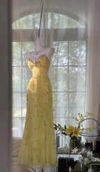 Gorgeous Butter Yellow Spaghetti Straps A-Line Tulle Beaded Prom Dress Long Backless Prom Gown
