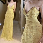 Gorgeous Butter Yellow Spaghetti Straps A-Line Tulle Beaded Prom Dress Long Backless Prom Gown