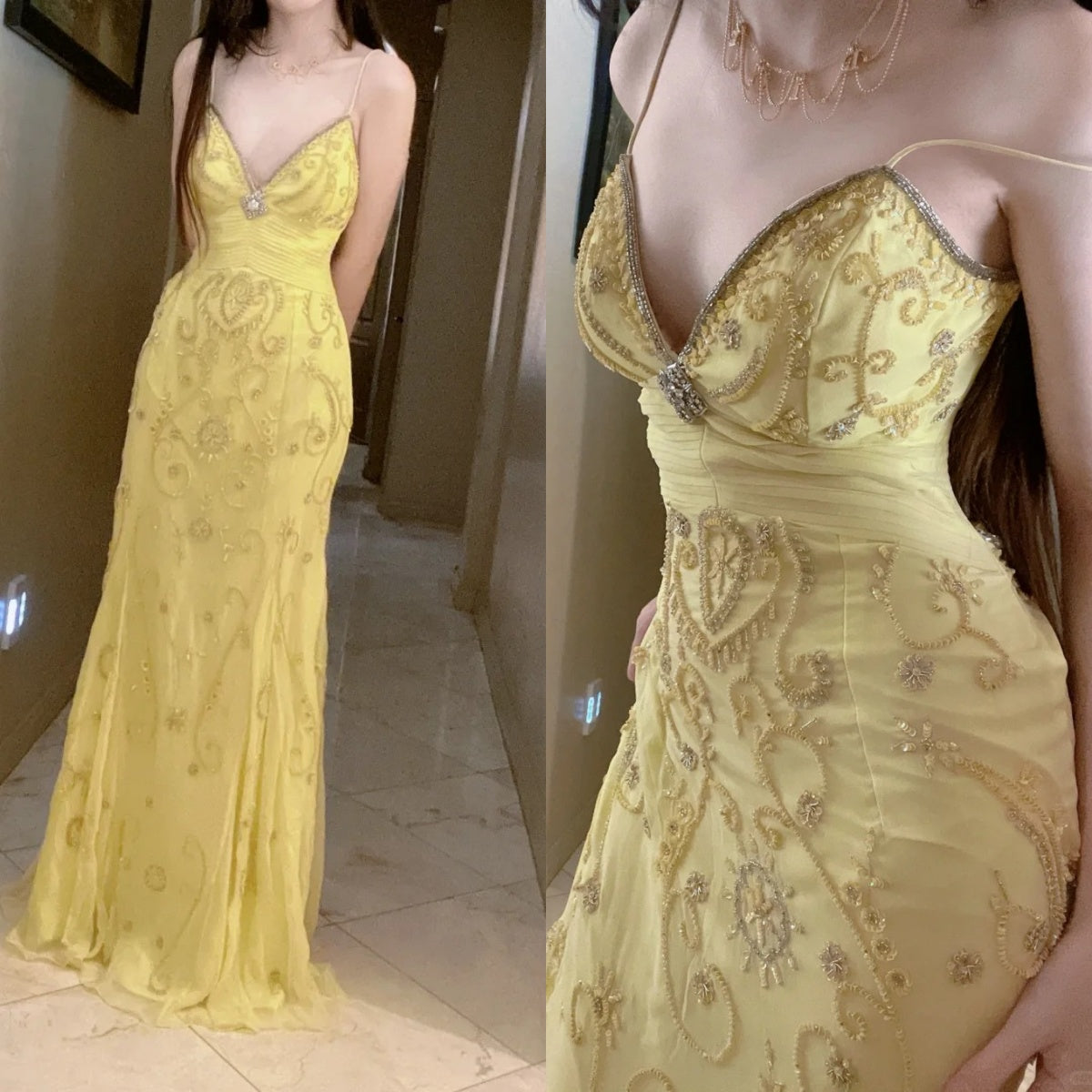 Gorgeous Butter Yellow Spaghetti Straps A-Line Tulle Beaded Prom Dress Long Backless Prom Gown