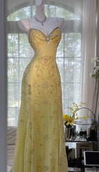 Gorgeous Butter Yellow Spaghetti Straps A-Line Tulle Beaded Prom Dress Long Backless Prom Gown