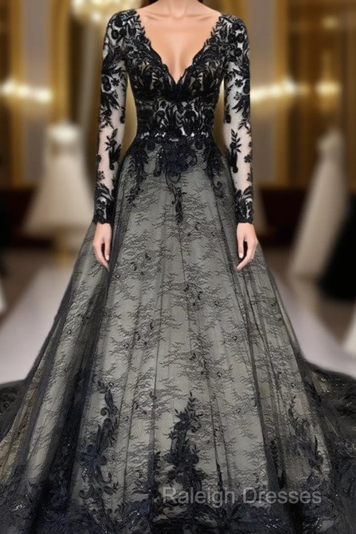 Gothic Black Lace Wedding Dress Long Sleeves Main image