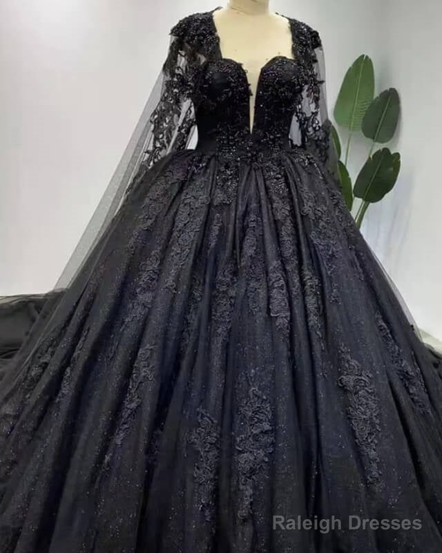 Gothic Black Long Sleeve Wedding Dress With Cape