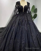 Gothic Black Long Sleeve Wedding Dresses With Cape