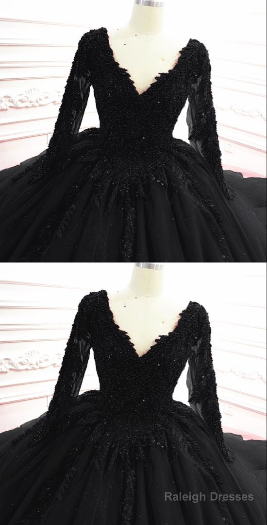 Gothic Black Wedding Dress With Sleeves Prom Dress Main image