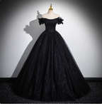 Gothic Court Black Off-The-Shoulder Shimmer Tulle Ball Gown Prom Dress Sweet 16 Dress