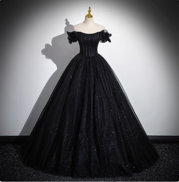 Gothic Court Black Off-The-Shoulder Shimmer Tulle Ball Gown Prom Dress Sweet 16 Dress