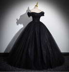 Gothic Court Black Off-The-Shoulder Shimmer Tulle Ball Gown Prom Dress Sweet 16 Dress