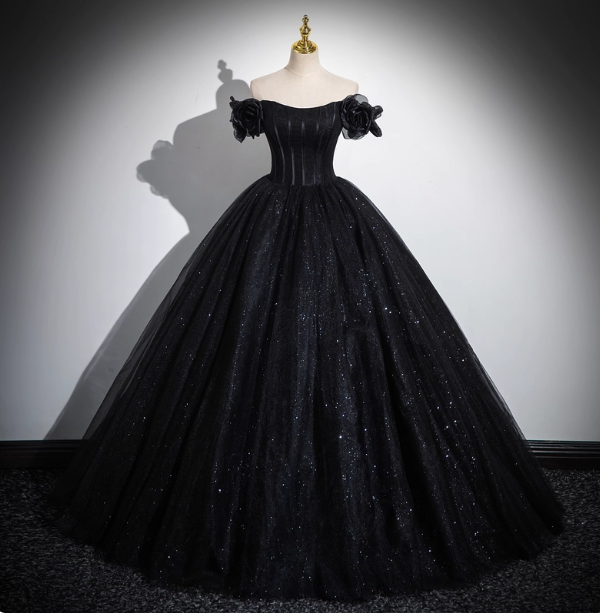 Gothic Court Black Off-The-Shoulder Shimmer Tulle Ball Gown Prom Dress Sweet 16 Dress Main image