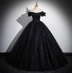 Gothic Court Black Off-The-Shoulder Shimmer Tulle Ball Gown Prom Dress Sweet 16 Dress