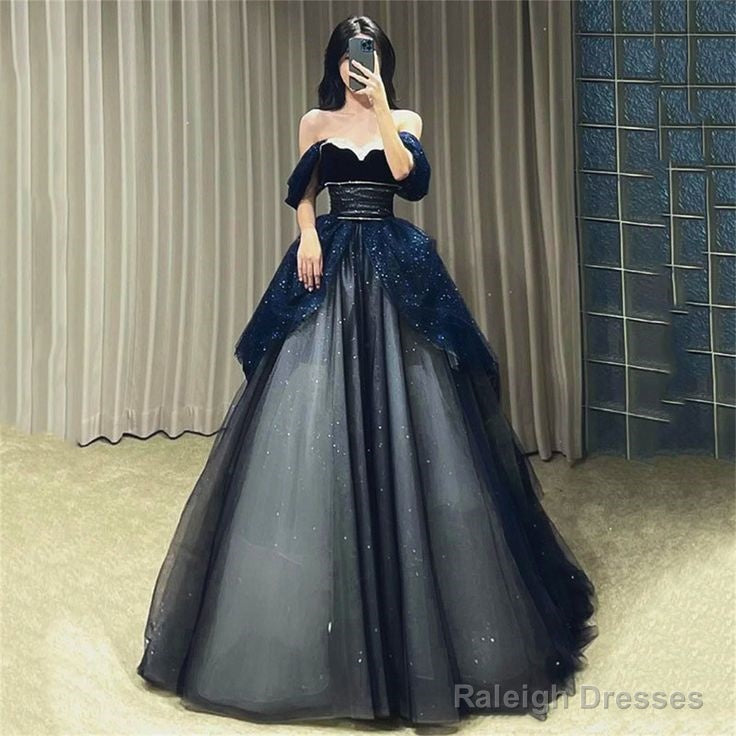 Gothic Glitter Blue Princess Tulle Prom Dress Blue Long Evening Dress ...