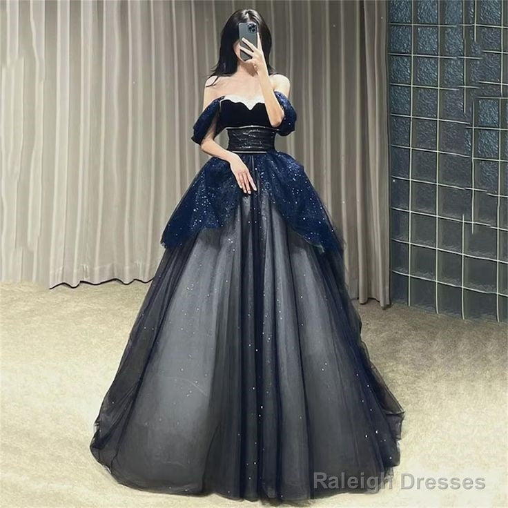Gothic Glitter Blue Princess Tulle Prom Dress Blue Long Evening Dress ...