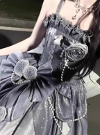 Gothic Sweet & Cool Silver Gray Spaghetti Strap 3D Floral Bow Sequined Satin Formal Prom Dress