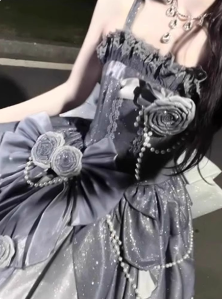 Gothic Sweet & Cool Silver Gray Spaghetti Strap 3D Floral Bow Sequined Satin Formal Prom Dress