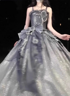 Gothic Sweet & Cool Silver Gray Spaghetti Strap 3D Floral Bow Sequined Satin Formal Prom Dress