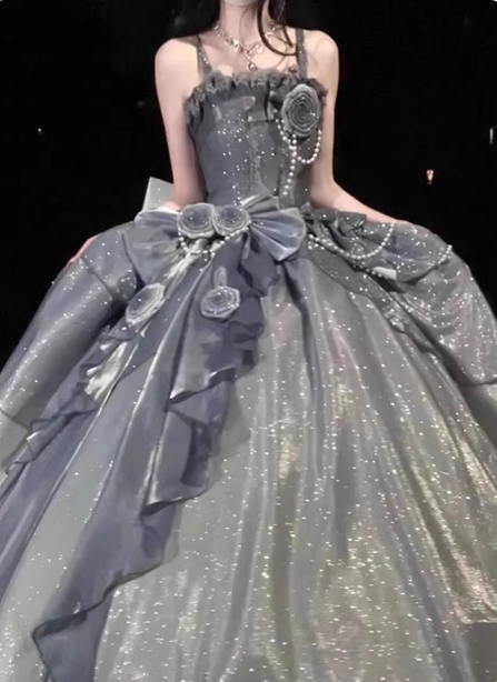 Gothic Sweet & Cool Silver Gray Spaghetti Strap 3D Floral Bow Sequined Satin Formal Prom Dress