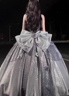 Gothic Sweet & Cool Silver Gray Spaghetti Strap 3D Floral Bow Sequined Satin Formal Prom Dress
