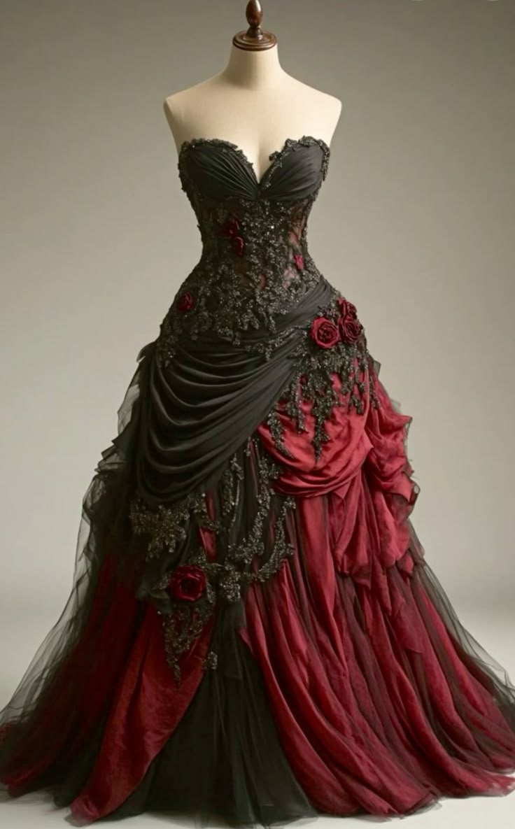 Gothic Victorian Wedding Dresses Pleated Floral Rose 3D Custom Black Burgundy Gowns