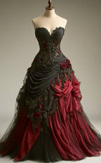 Gothic Victorian Wedding Dresses Pleated Floral Rose 3D Custom Black Burgundy Gowns