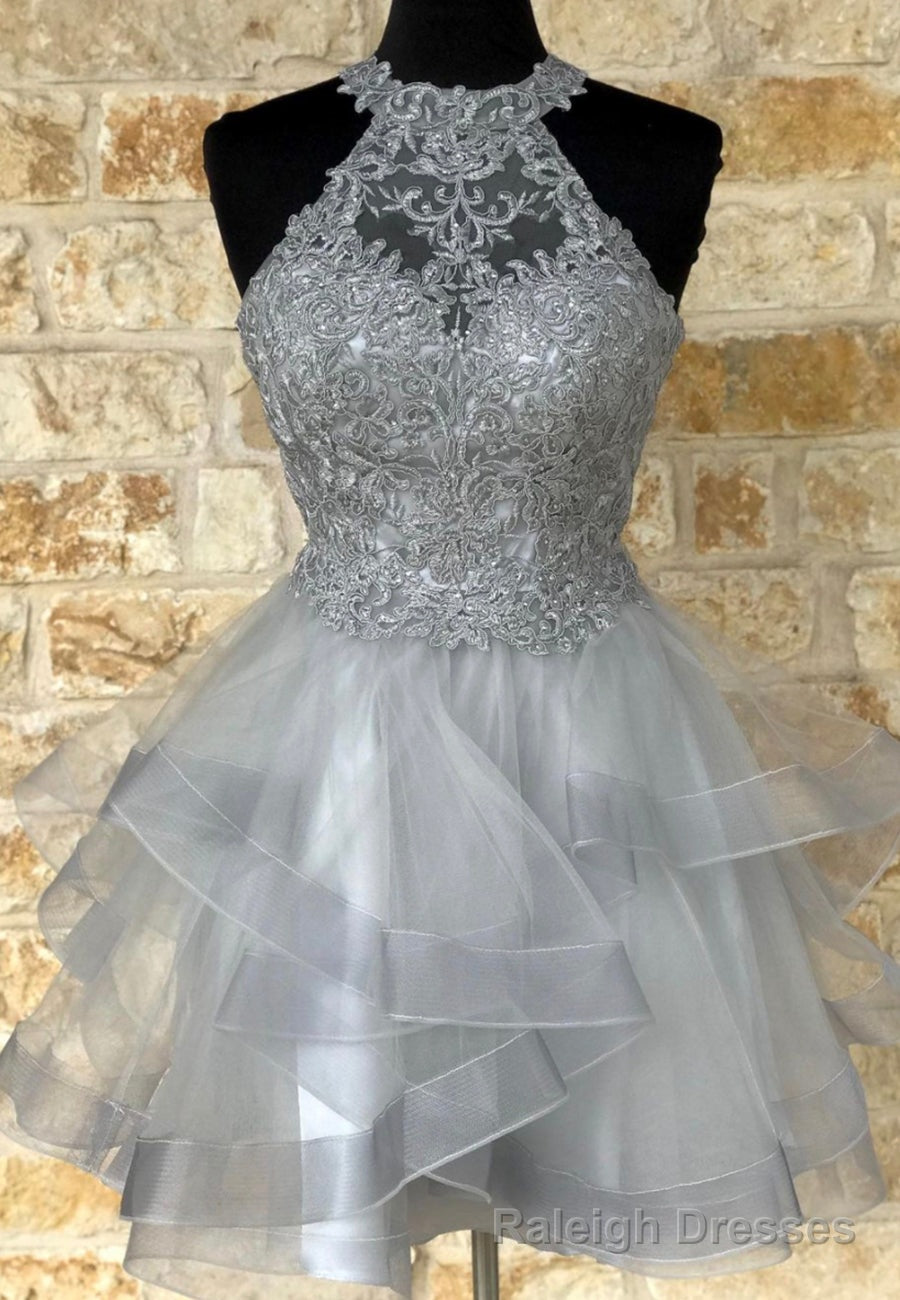 Grey Lace Short Prom Dresses, A Line Homecoming Dresses