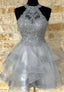 Grey Lace Short Prom Dresses, A Line Homecoming Dresses