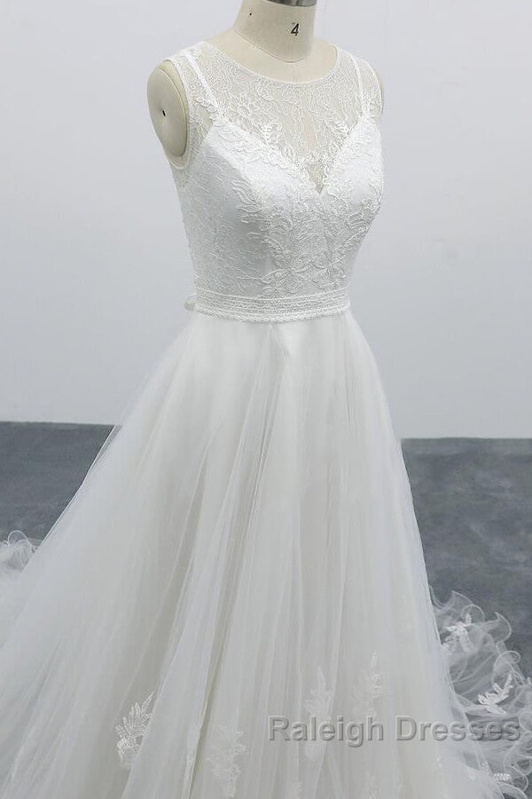 Graceful Long A Line Appliques Tulle Backless Wedding Dresses