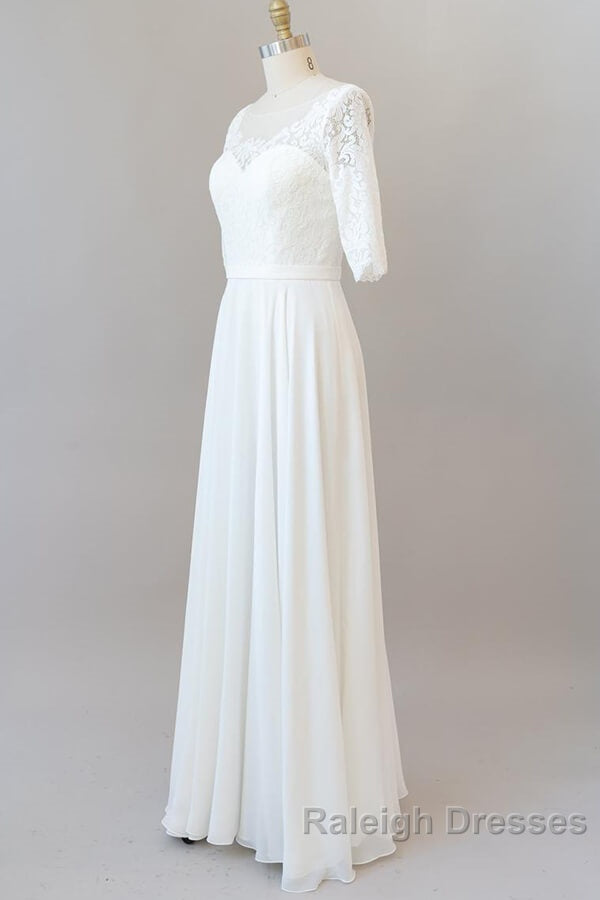 Graceful Long A Line Lace Chiffon Wedding Dresses with Sleeves