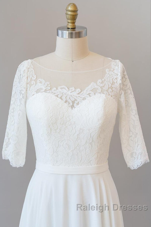 Graceful Long A Line Lace Chiffon Wedding Dresses with Sleeves