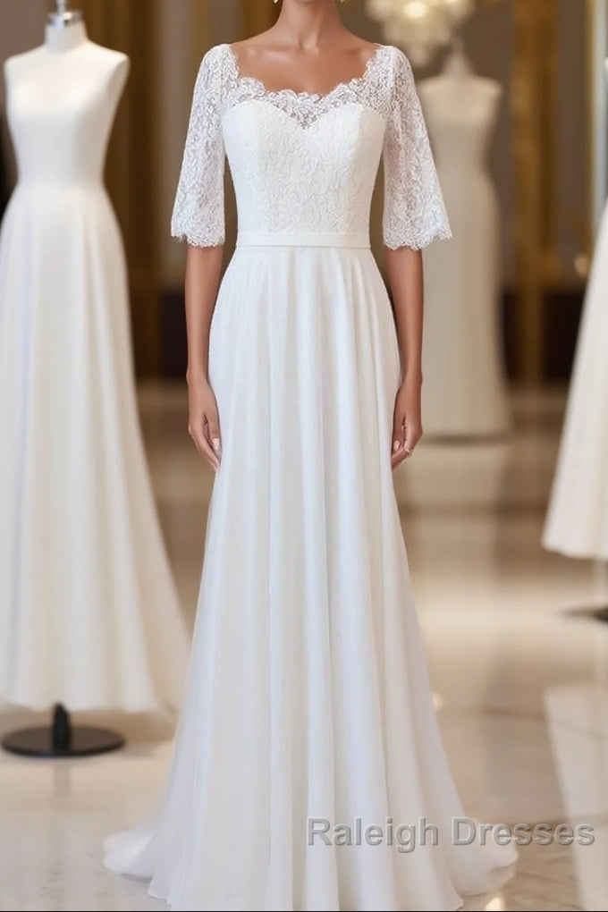 Graceful Long A Line Lace Chiffon Wedding Dresses with Sleeves Main image