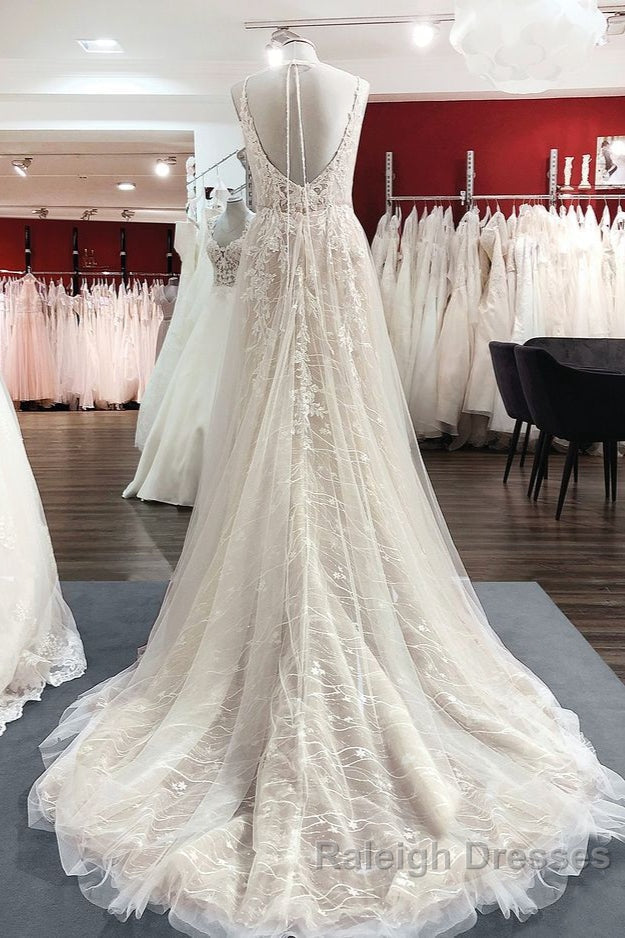 Graceful Long A Line Tulle V Neck Lace Backless Wedding Dress Secondary image