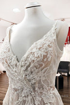 Graceful Long A Line Tulle V Neck Lace Backless Wedding Dress