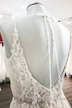 Graceful Long A Line Tulle V Neck Lace Backless Wedding Dress